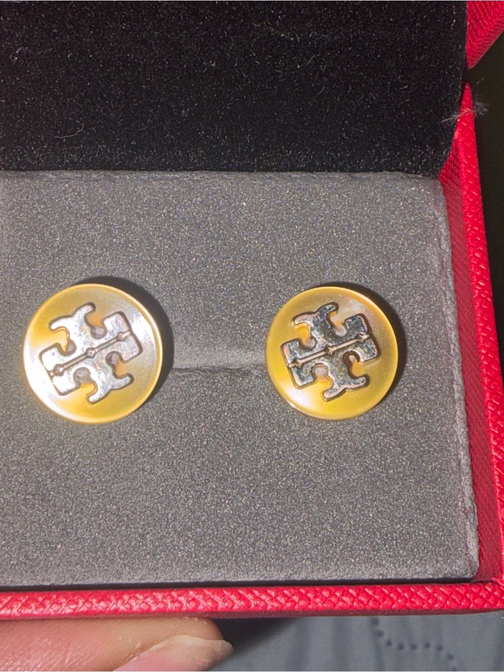Tory Burch Yellow Round Logo Cuff Links with Silver Emblem